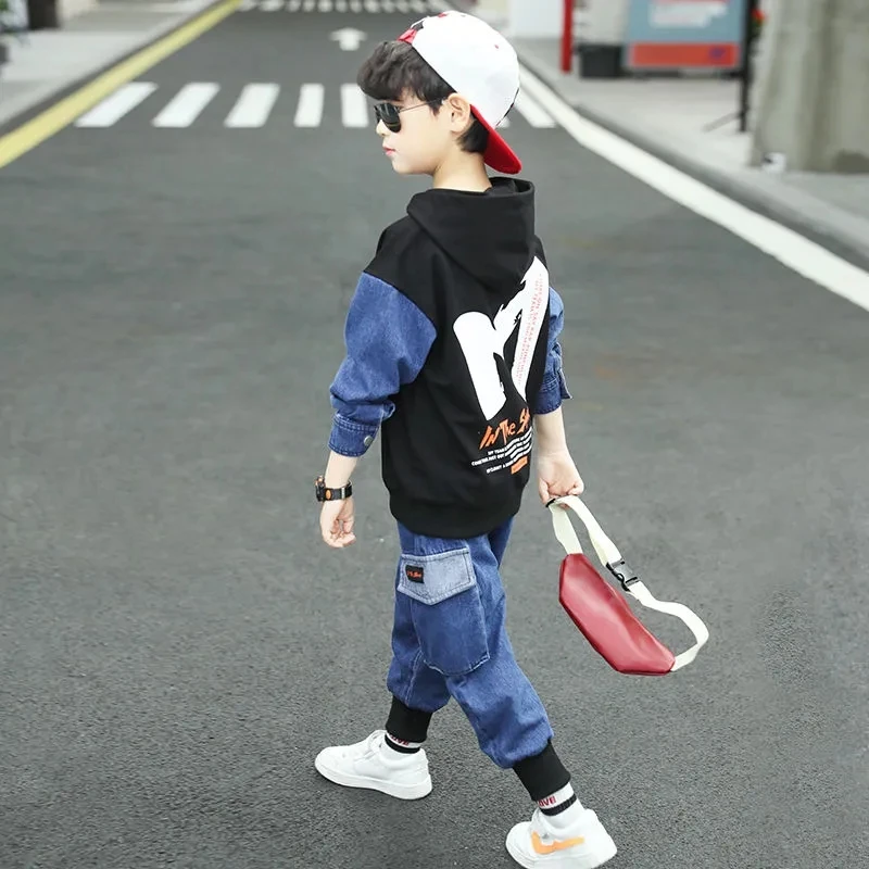 

Denim Cotton Boy Clothing Sets Spring and Autumn New 2021 Western Style Hedging Splicing Casual Two-piece Children's Clothing