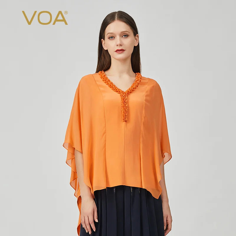 

VOA Elegant Edible Tree Fungus V-Neck Silk Woman Tshirts Solid Three Quarter Bat Sleeve Party Tops Dovetail T-Shirt Female BE799