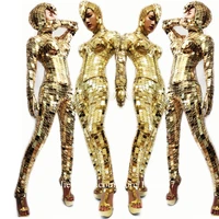 Catwalk Shows Women Gold Color Stage Ballrooom Costume Mirror Clothing Party Christmas Performance Ds Singer Clothes Dance Suit