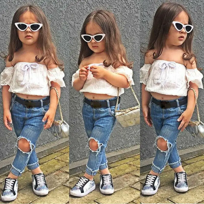 Новый комплект одежды для маленьких девочек кружевная футболка с открытыми