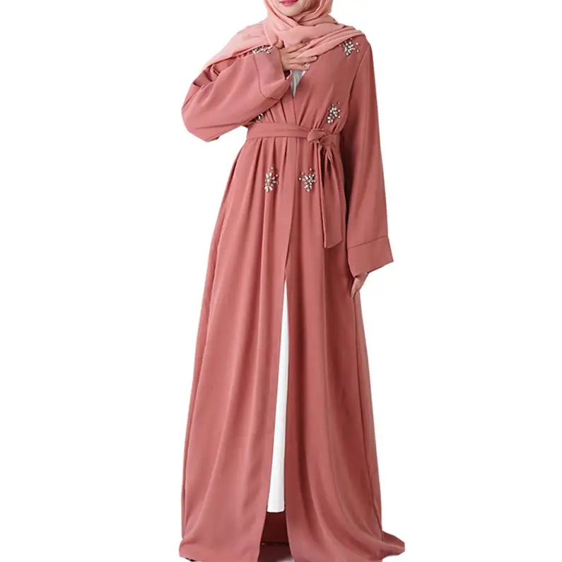 Orange pink cardigan Abaya Kimono Muslim Hijab Dress Women Abayas Caftan Marocain Kaftan Robe Femme Dubai Tesettur Elbise Turkish Islamic Clothing - Цвет: Orange pink cardigan