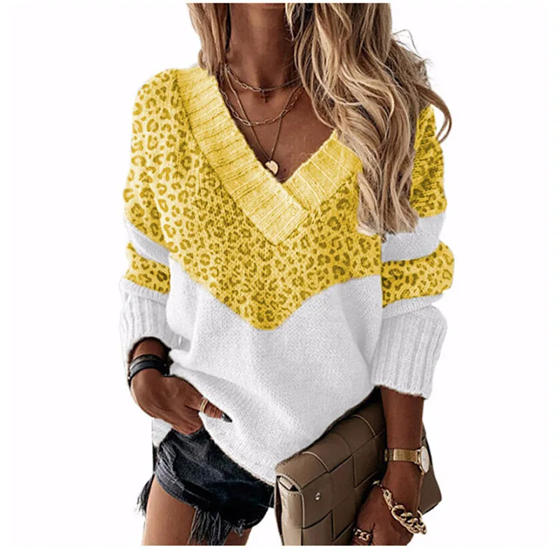 

2021 Autumn Winter Single Size Pullover Fashion V-Neck Loose Sweater Contrast Color Long-Sleeved Women's Knit Sweater