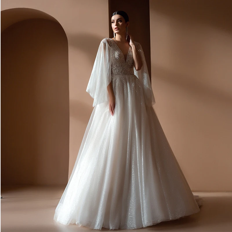 

Роскошное блестящее женское платье-трапеция Vestido De Noiva с глубоким V-образным вырезом и пышными рукавами с бусинами и открытой спиной, изготов...