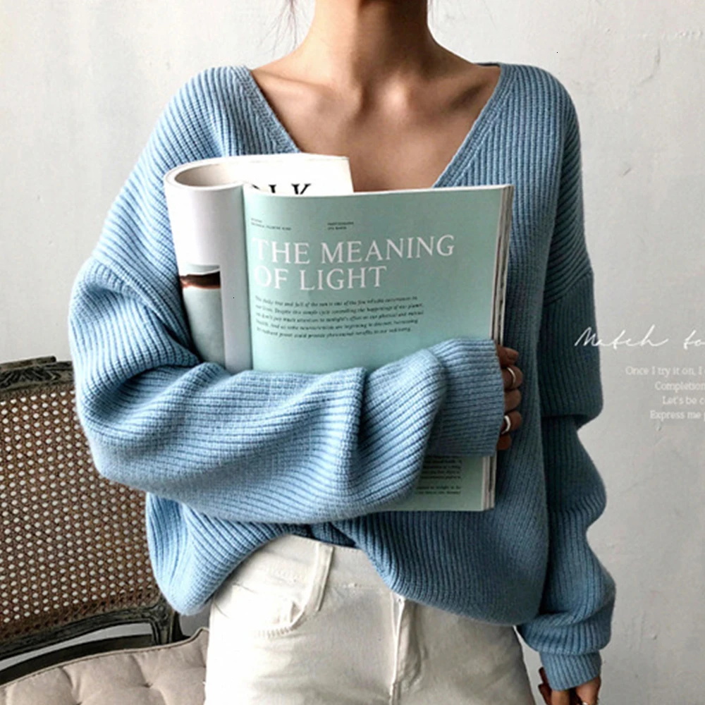 Женский свободный пуловер Harajuku с V-образным вырезом повседневный элегантный