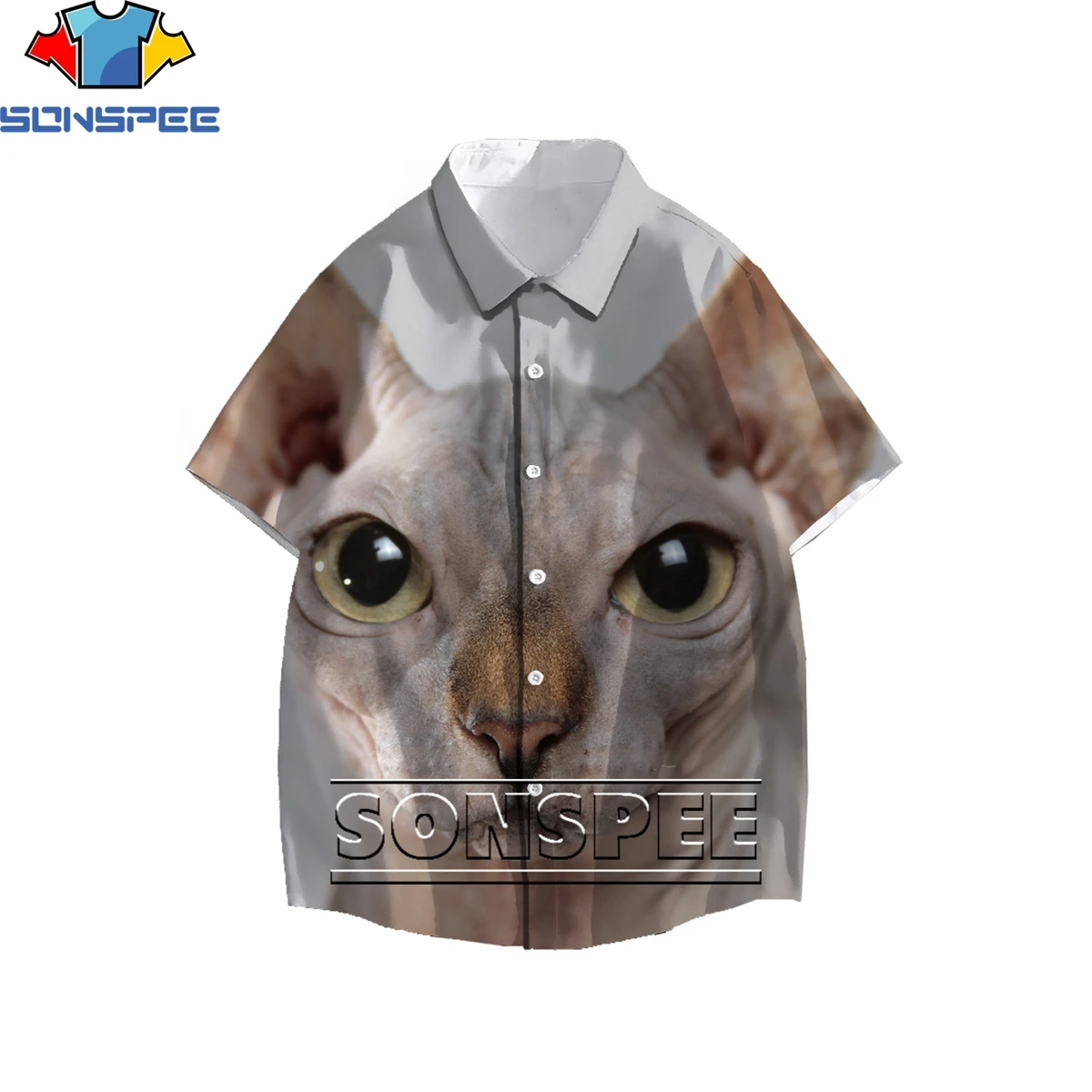 

SONSPEE Hipster Animal Hairless Cat God of Destruction 3D Print Men's Shirt Summer Otaku Hawaiian Beach Buttons Oversize Top