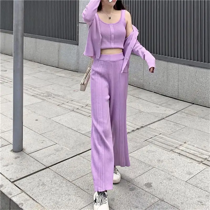 Весенне осенние вязаные комплекты из 2 предметов фиолетовые кардиганы с