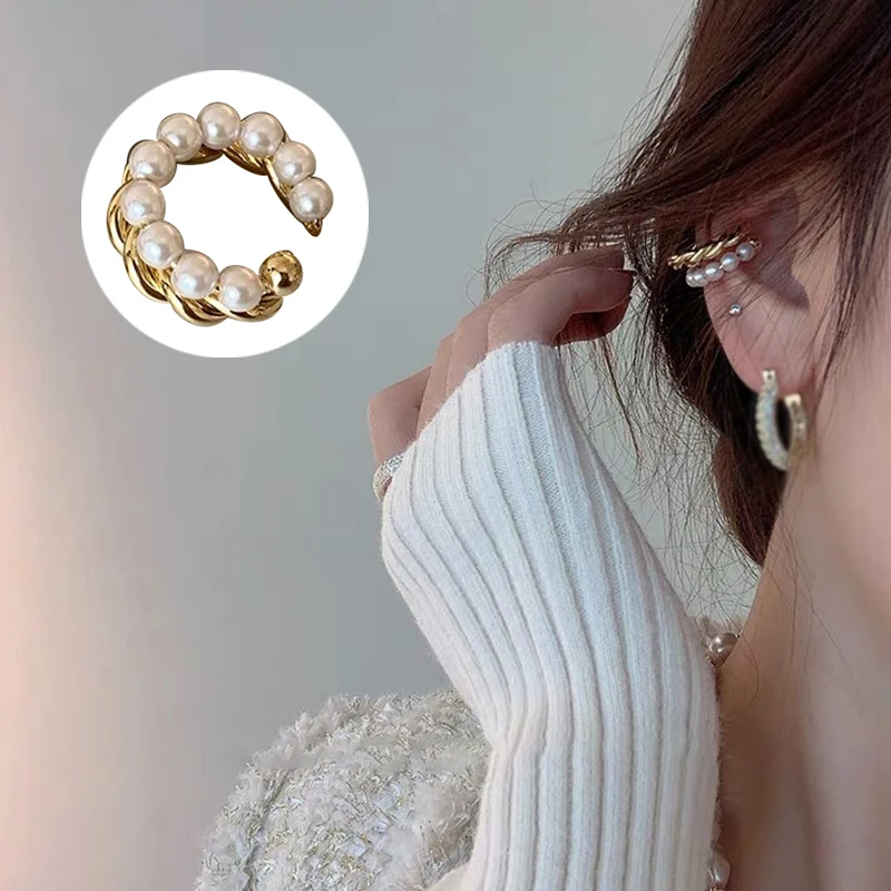 

1pc Women Fake Piercing Earring Korean Style Gold Color Circle Ear Cuff Imitate Pearl Ear Decor Ear Clip Gift Earrings Jewelry