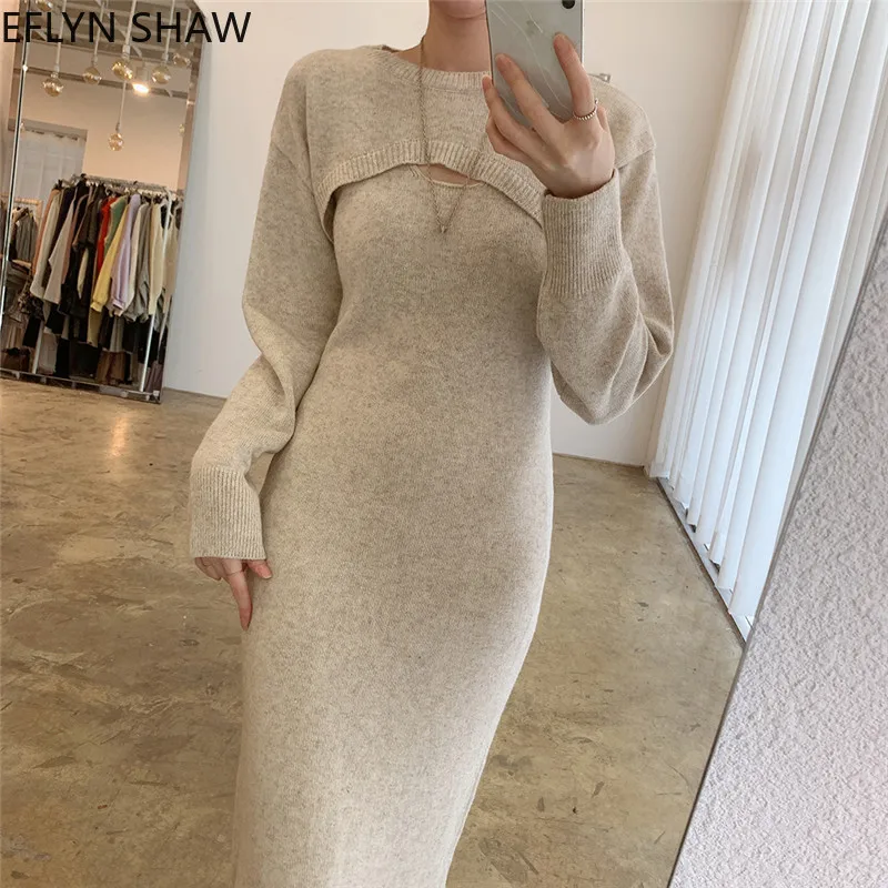 

Spring 2 Piece Set for Women Crop Top and Slim Dress Sets Elegant Knitted Two Piece Sets Fashion Cardigan and Sweater Dress Suit