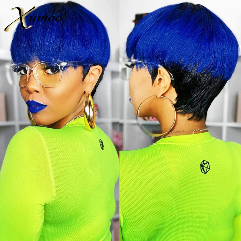 XUMOO синий короткий парик из человеческих волос Remy парики бразильских черный Pixie Cut