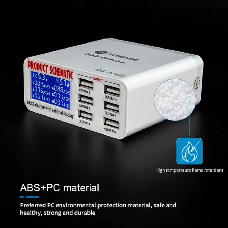 Универсальное быстрое зарядное устройство USB Sunshine с 6 USB-портами цифровым