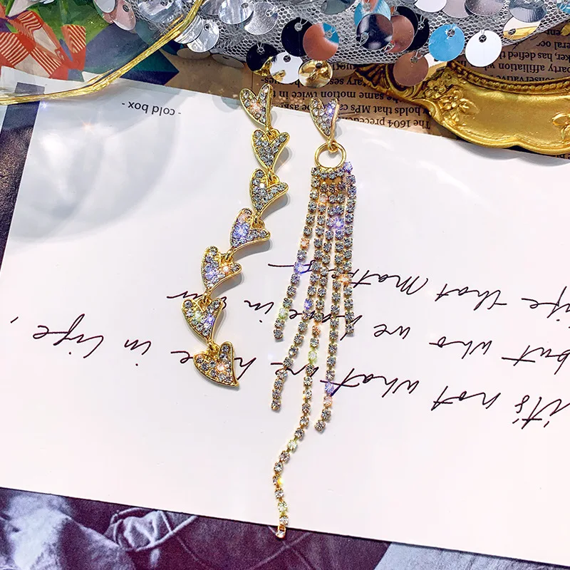 FYUAN, модные стразы в форме сердца, любовь, асимметричные серьги, золото, серебро, длинные висячие серьги с кисточкой для женщин, свадебные ювелирные изделия