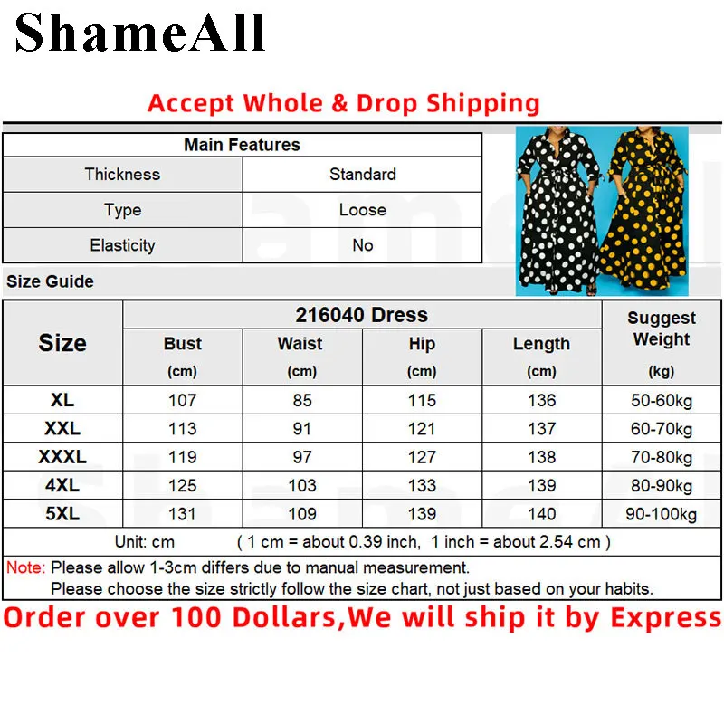 

Plus Size Three-quarter Sleeve Polka Dot Long Maxi Dress with Belt 4XL Vintage Elegant High Waist Sashes Button Up Shirt Dress