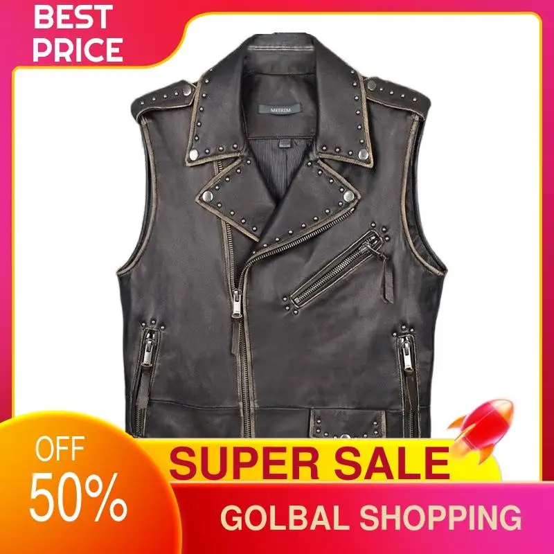 

2021 Vintage Black Motorcycle Style Genuine Leather Vest Men Large Size 4XL Real Natural Sheepskin Spring Short Biker Coat