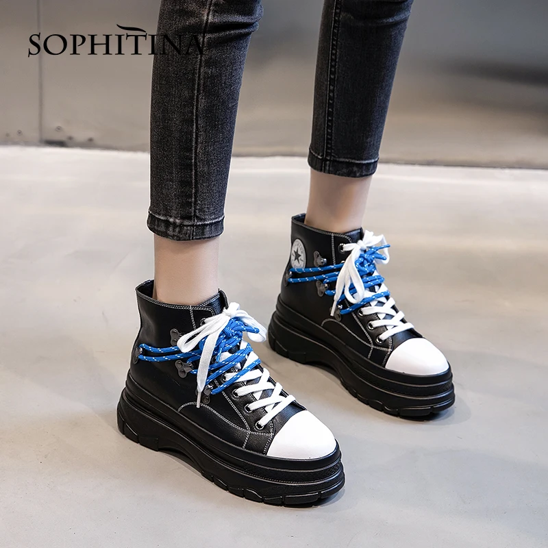

SOPHITINA Fashion Platform Flat Shoes Casual Cross-Tied Patchwork Women's Shoes Round Toe Ladies High-top Vulcanized Shoes MO783