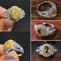 fashion yellow faceted oval geometric crystal ladies ring with horse eye shaped rhinestone zircon for women party jewelry