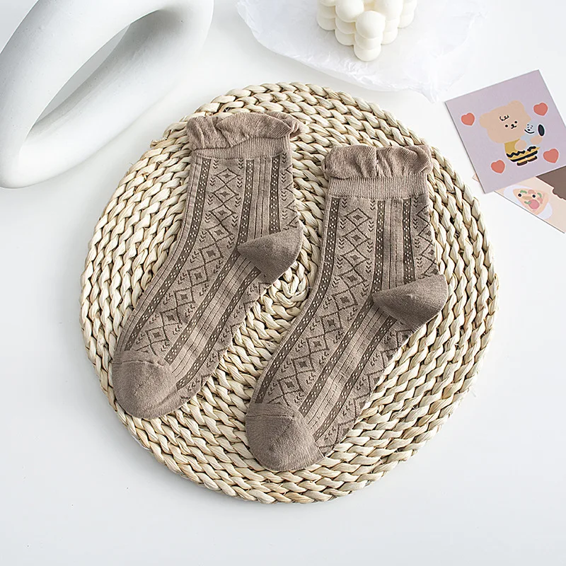 5 Pairs Socks Ruffles Autumn Squirrel Cotton Design High Quality Kawaii Lolita Seersucker Edge Style Girl Women's Socks Cute Set