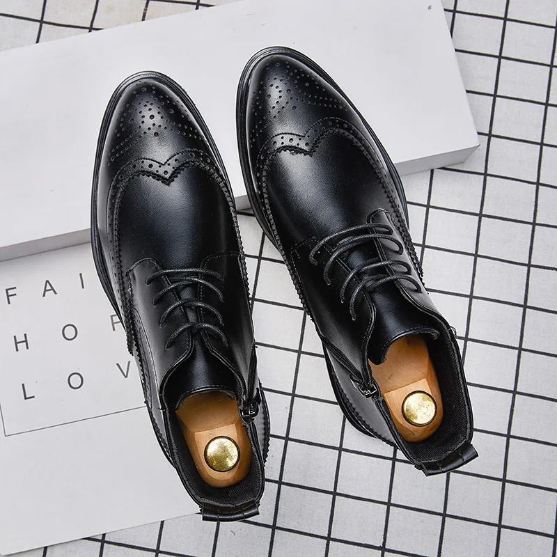 Ботинки OZERSK мужские на молнии теплые кожаные Полусапоги броги деловая обувь