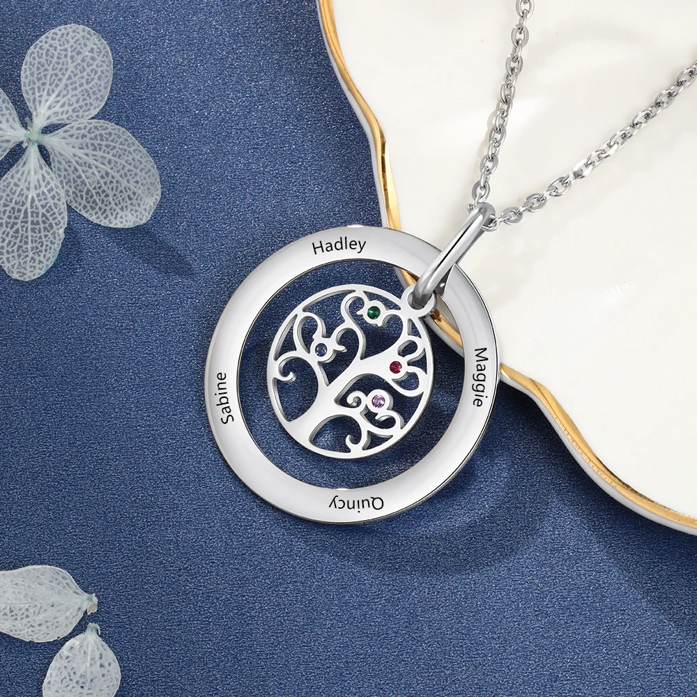 JewelOra персонализированные Дерево жизни ожерелье с зодиакальным камнем из нержавеющей стали имя кулон с гравировкой семейный подарок для мать бабушка
