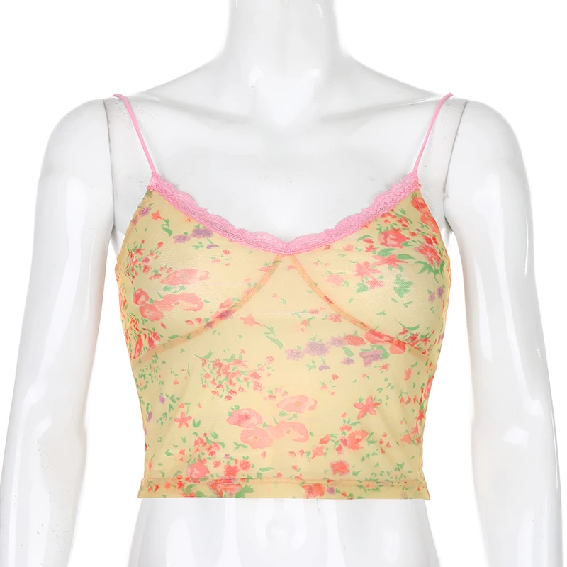 

2021Women Camis V Neck Lace Patchwork Sexy Tops Strap Party Summer Crop Top Camisole Hot Streetwear Flower Print Mesh Top