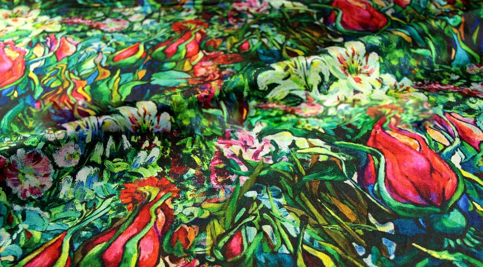 Шелковая ткань эластичная с зелеными цветами 97% для осени и зимы ткани шитья