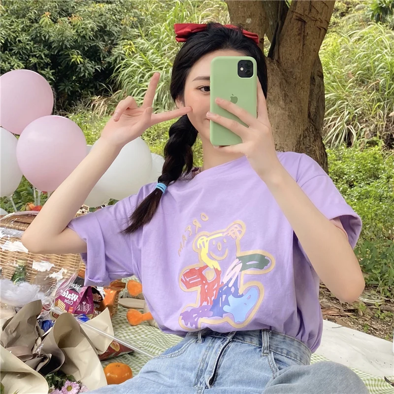 

Cotton Candy Colors T Shirt Sweet Women Top Tees Japanese Harajuku Style Funny Cartoon T-Shirt Kawaii Bear Summer T Shirts L0702