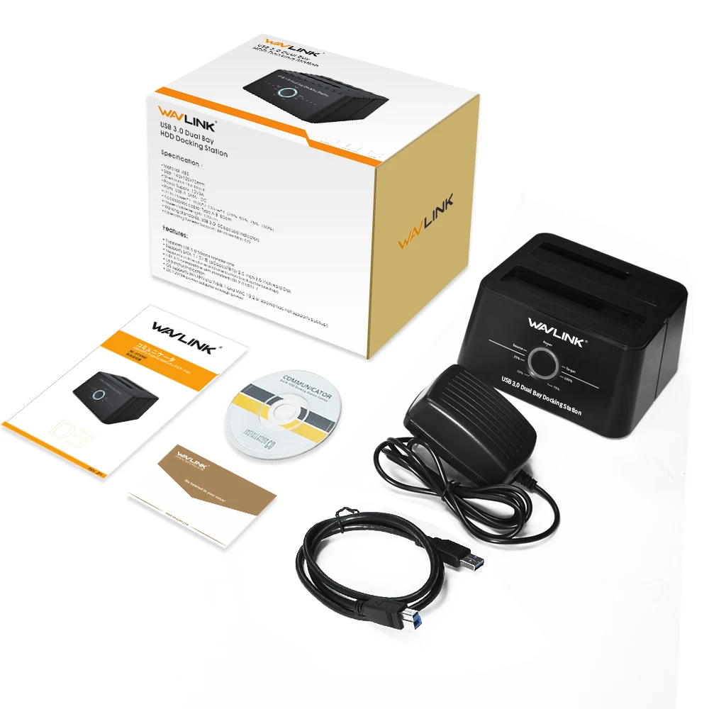 Wavlink Dual Bay SATA to USB3.0 External Hard Drive Docking Station for 2.5/3.5inch HDD/SSD Offline Clone/Backup/UASP Functions |