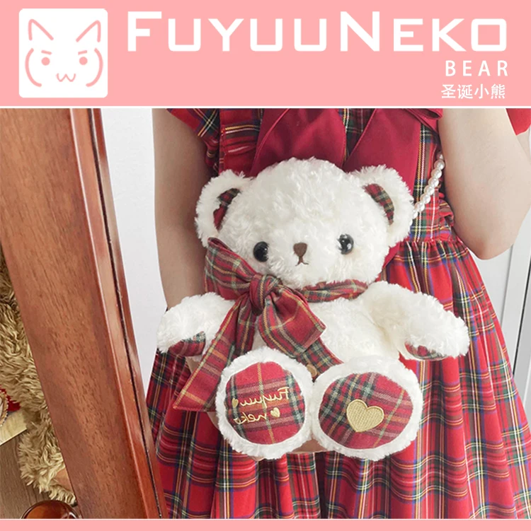 

Original Lolita Girl Christmas Red Grid Bear Bag Soft Sister Janpanese JK Backpack Plush Messenger Bag Daily Single-shoulder Bag