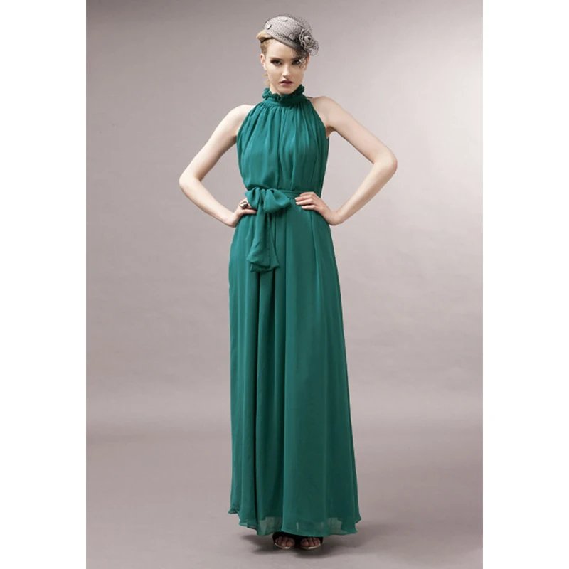 

Floor-Length Dresses Halter Neck Stand-Up Collar Chiffon Mopping Dress Soild Colour Tunic Lace Ruffle Robe Elegant Vestidos