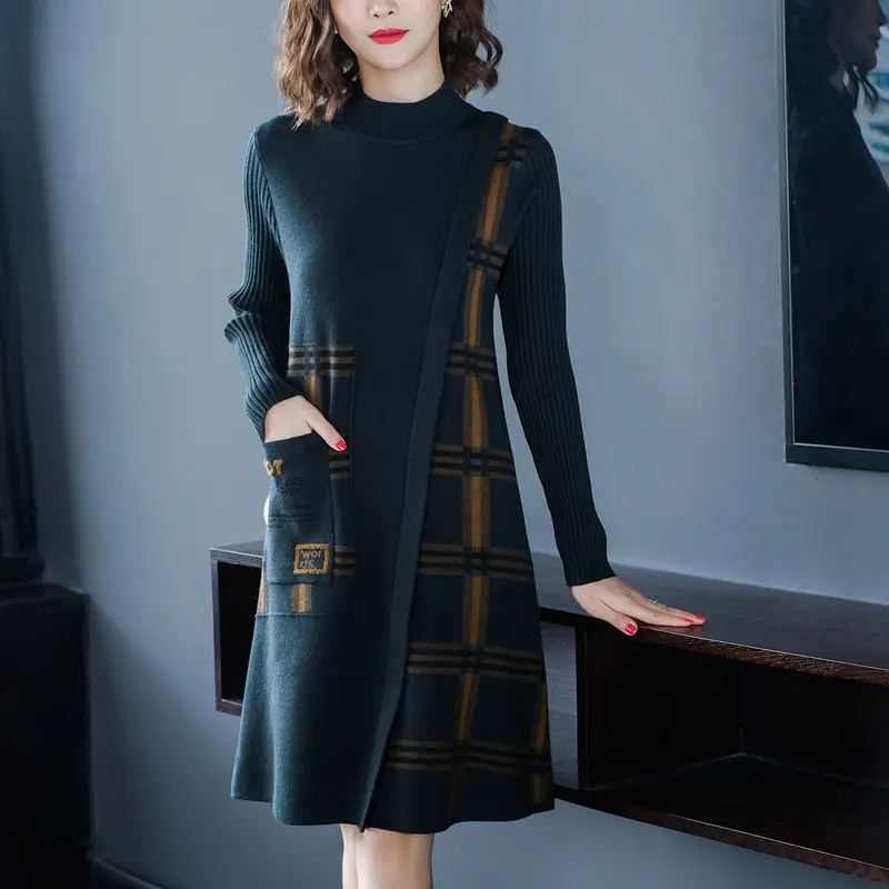 

Women Sweater 2021 Fashion O-neck Long Sleeve Length Patchwork Bottom Sweater Dress M-3XL High Quality