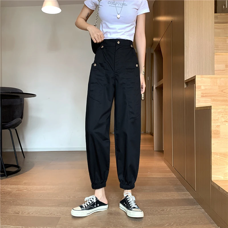 

Cargo Pants Women High Waist Plus Size Casual Loose Broadcloth Elastic Waist Ankle-length Army Green Black Trousers Women