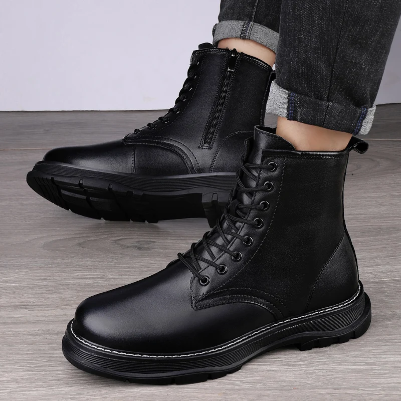 

Genuine Leather Men Boots Winter Plush Warm Snow Boots Men Winter Casual Shoes Sneakers High Top Western Cowboy Ankle Boots men