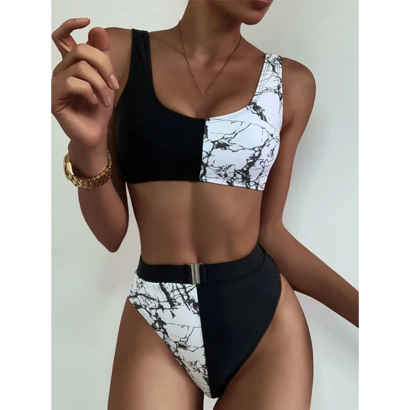 

High Waisted Bikinis Sexy Women's Swimsuit Swimwear High Cut Bikini Set Printed Patchwork Biquini Belted Beachwear 2021
