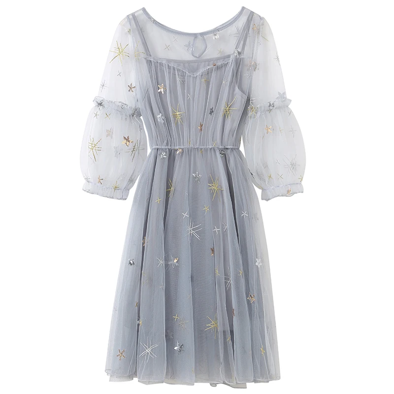 

2021 New mesh lace dress round collar loose waist solid-colored tulle dress women's wear