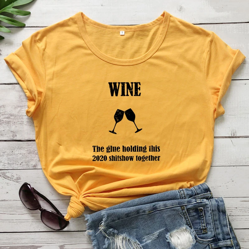 Wine The Glue Holding This T-shirt Funny Unisex Short Sleeve Quarantine 2020 Tshirt Women Graphic Day Drinking Top Tee Shirt | Женская