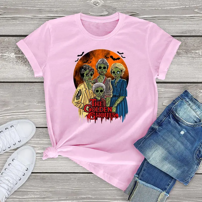 100 Cotton Golden Ghouls Short Sleeve Tee Tops Funny Halloween Horror Film Unisex T-Shirt Women Clothing Graphic Womens Shirts | Женская