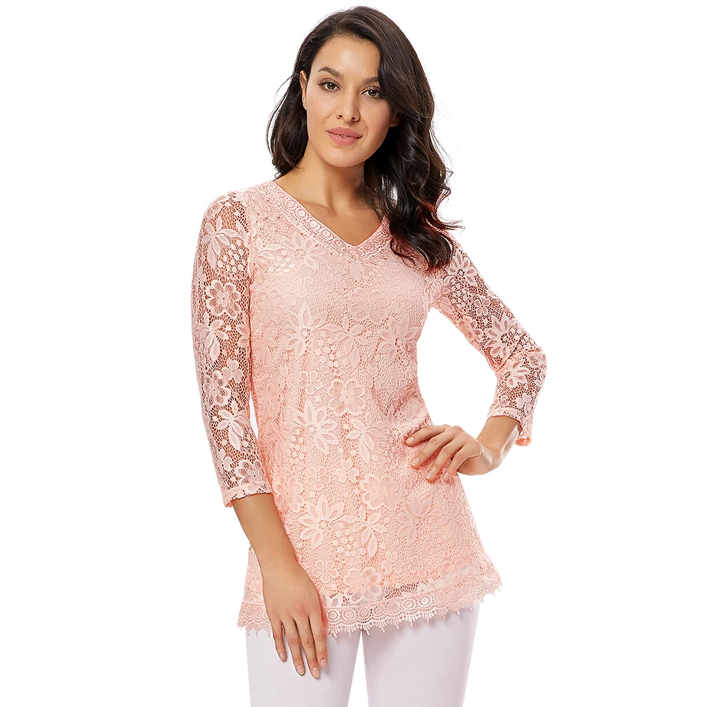 New Women Lace Blouse Three Quarter Sleeve Floral Vintage Tops Round Neck Pink Blusa Shirt Ladies Plus Size Blouses H009