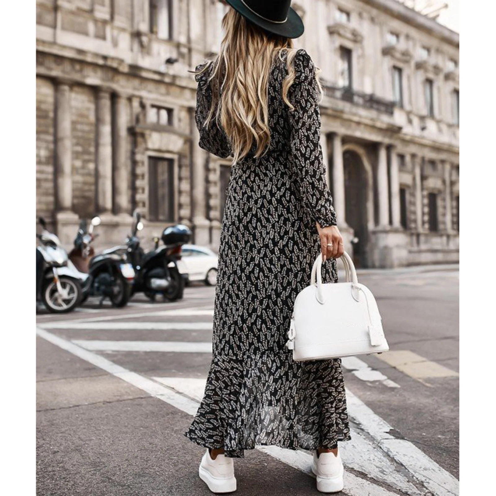 

Fashion Maxi Dress Women Autumn Long Sleeve V Neck Ruffle Hem Split Leaves Print Maxi Dress for Party Gathering Street Wear