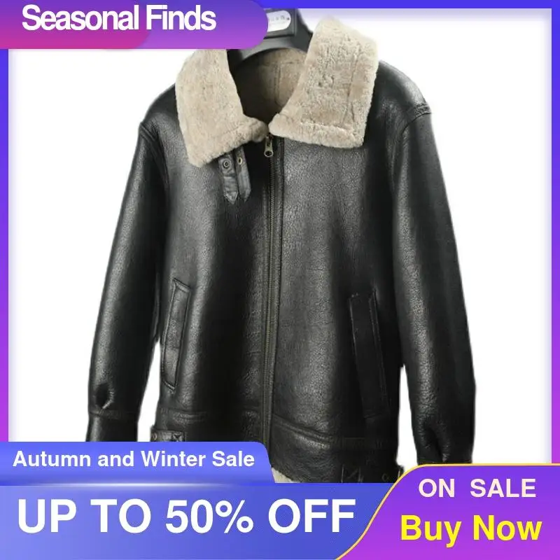 

2021 Black Military Style B3 Bomber Genuine Shearling Coat Plus Size 10XL Real Natural Sheepskin Russian Winter Warm Jacket