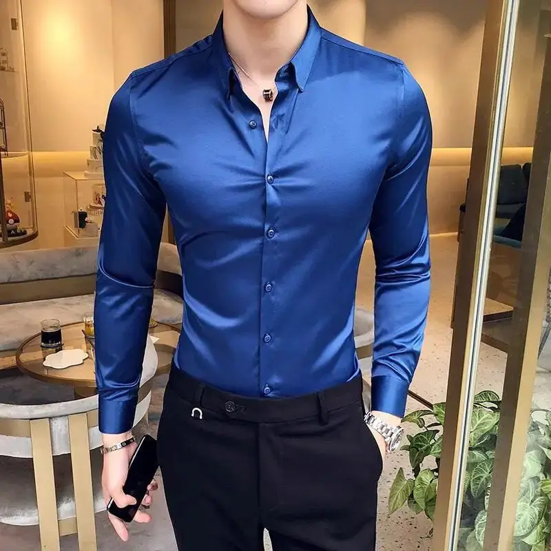 

2021 Embroidery Mens Shirts Long Sleeve Casual Slim Fit Men Dress Shirts Solid Color Formal Business Social Clothing Blouse