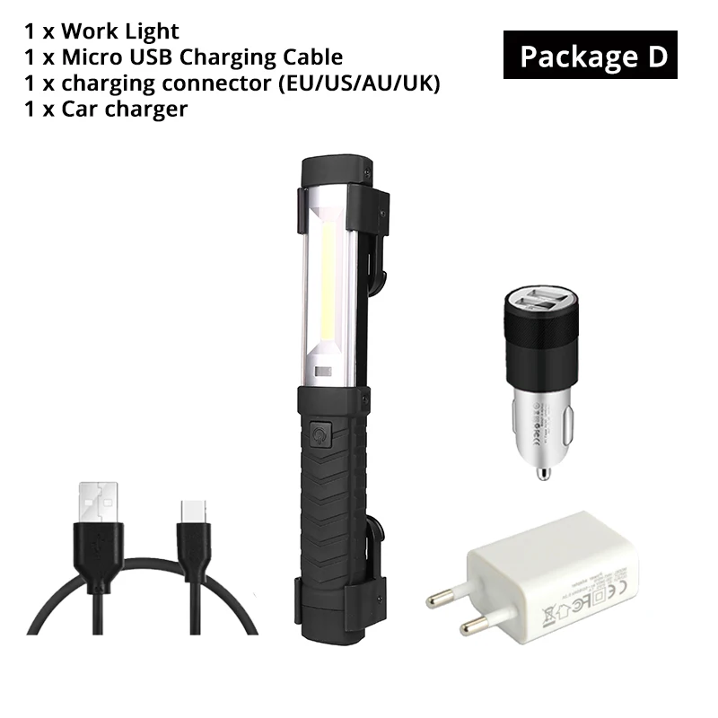 Package D USB Перезаряжаемый COB рабочий светильник, яркий светодиодный светильник-вспышка с мощным магнитом и крючком, подходящий для кемпинга, обслуживания и т. д - Испускаемый цвет: Package D
