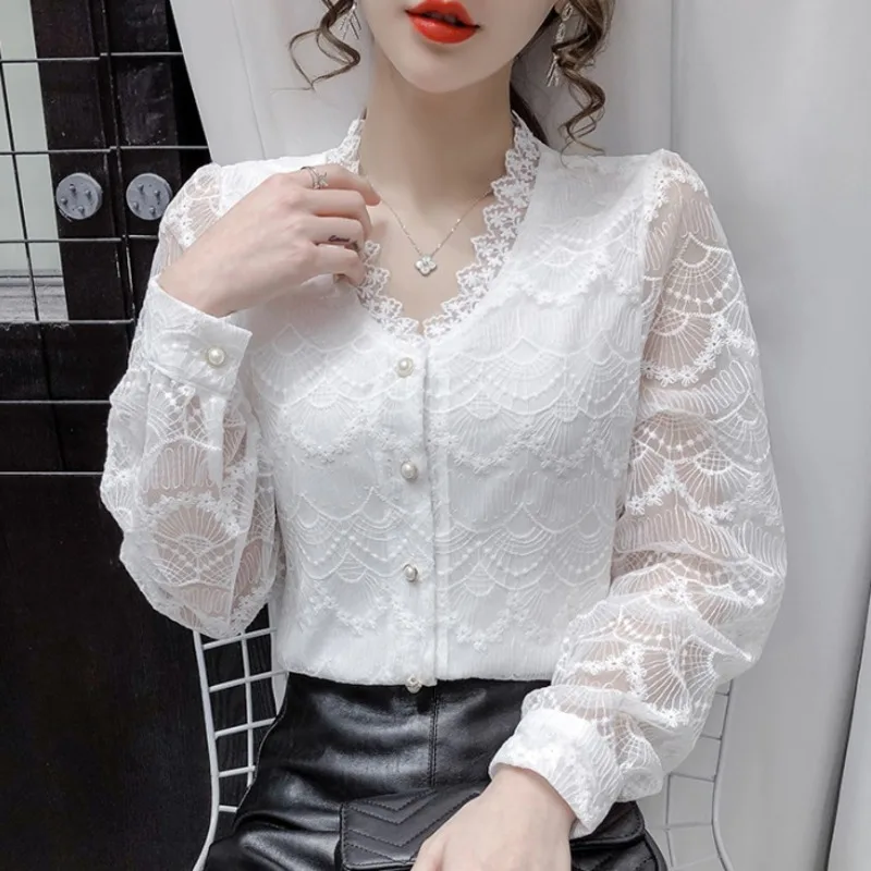

#2010 Korean Style Vintage Lace Shirts Women V Neck Ruffles Sexy Basic Tops Perspective Long Sleeve Thin Retro Loose Beige White