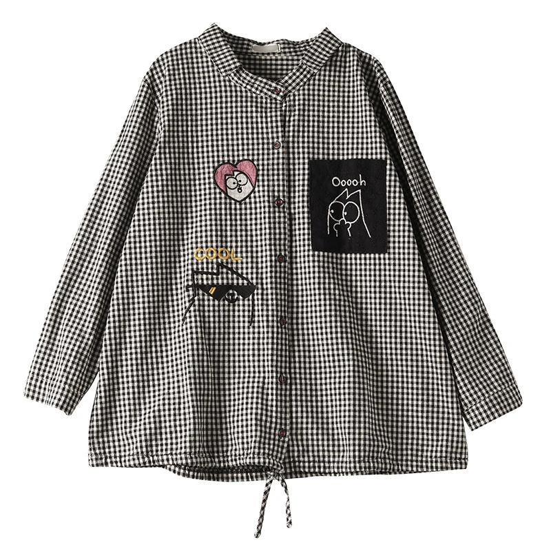 

2021Spring New Arts Style Women Long Sleeve Loose Shirts all-matched Casual Plaid Turn-down Collar Blouses Blusa Feminina S611