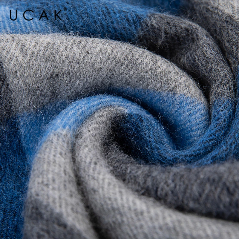 UCAK Brand Autumn Winter Warm Scarfs Soft Men Women Casual Plaid Pure Wool Scarf Shawl Wrap Knit Long Striped With Tassel A17