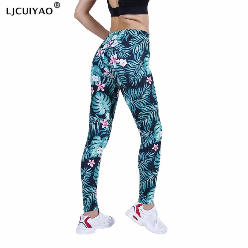 

LJCUIYAO Print Legging Sport Women Fitness High Waist Yoga Pants Gym Leaf Floral Workout Running Activewear Push Up Slim Bottom
