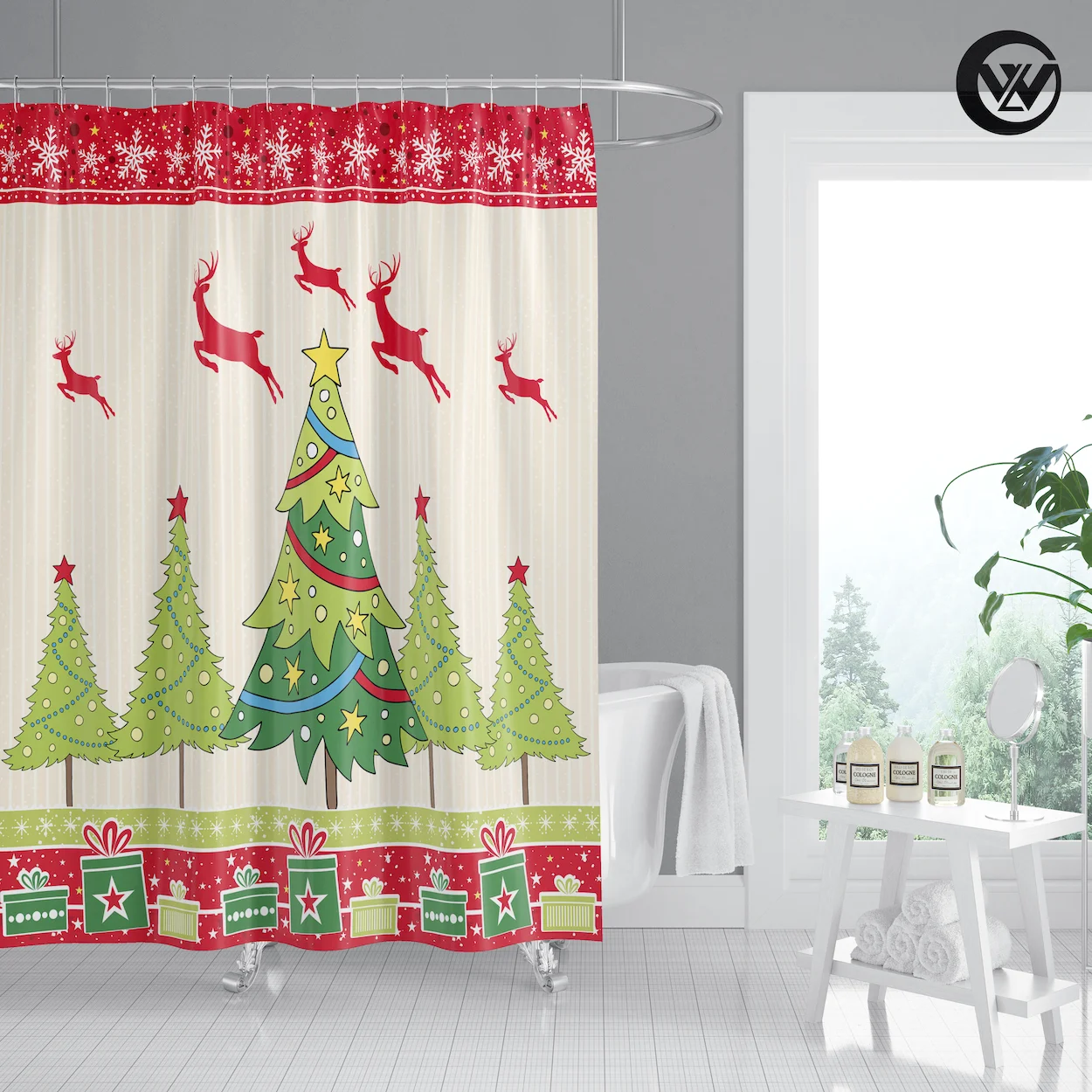 

Good Quality Sublimation Santa Claus Christmas Hotel Bathroom Curtains, Sublimation 100%Polyester Fabric Kids Bath Curtain/