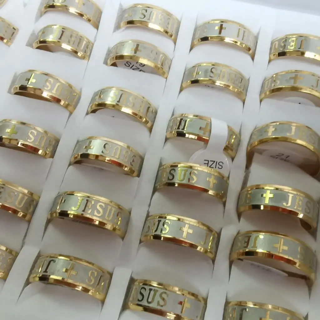 

36pcs Stainless Steel Gold Color Jesus Cross Ring Letter Bible Prayer Finger Rings For Men Women Punk Jewelry