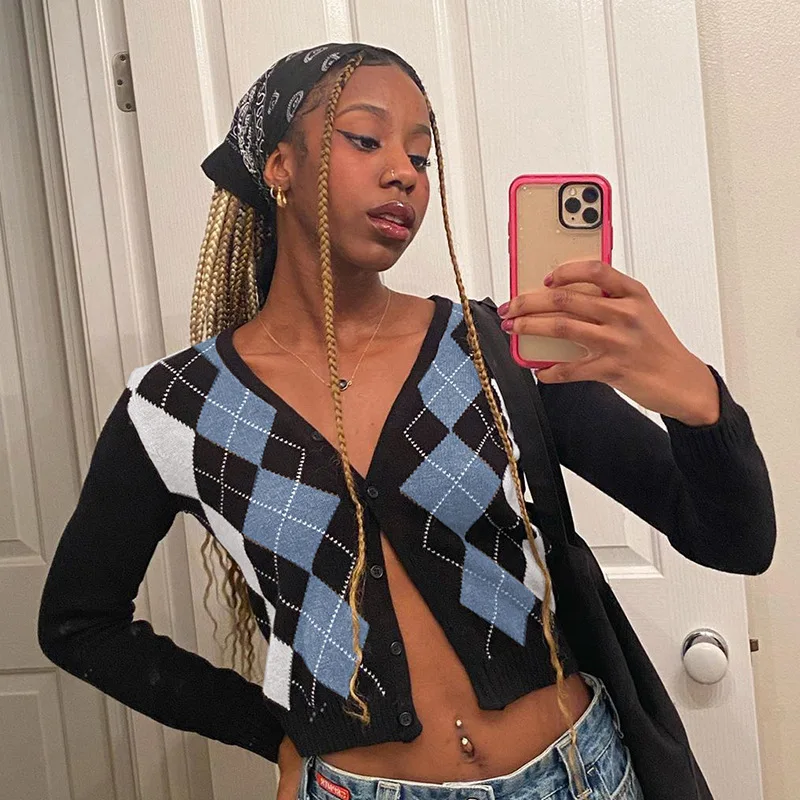

Knitwear for women in Europe and the US 2020 best-selling diamond check breasted V-neck cardigan top