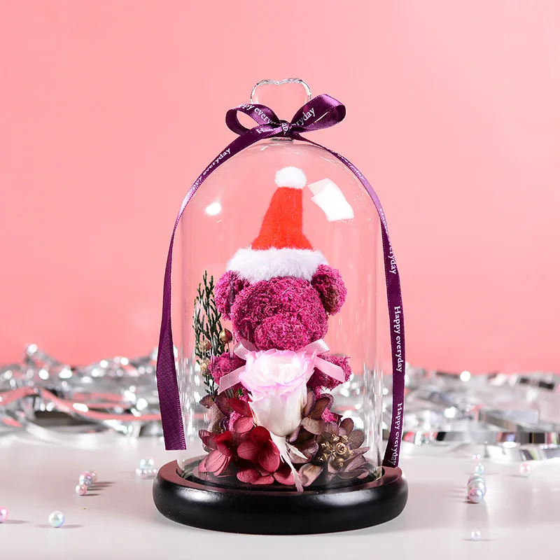 

18cm Preserved Flowers Valentine Chrismas Newyear Gifts Home Decoration Glass Covered High Quality Lovely Bear Rose Giftbox