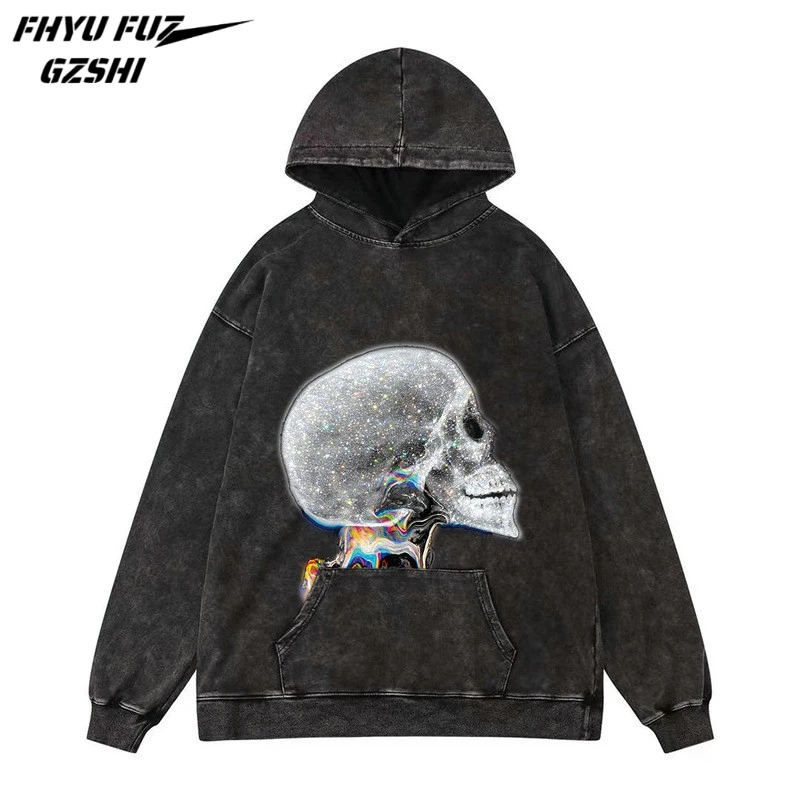 

Hip Hop Loose Long Sleeve Men Women Distressed Washed Hoodies Streetwear Printed Retro Edgy Punk Style Pullovers Top WY04