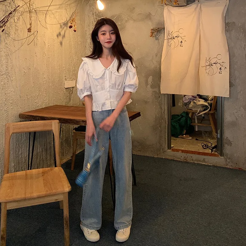 Белая женская летняя рубашка с рукавами фонариками милый приталенный кукольный